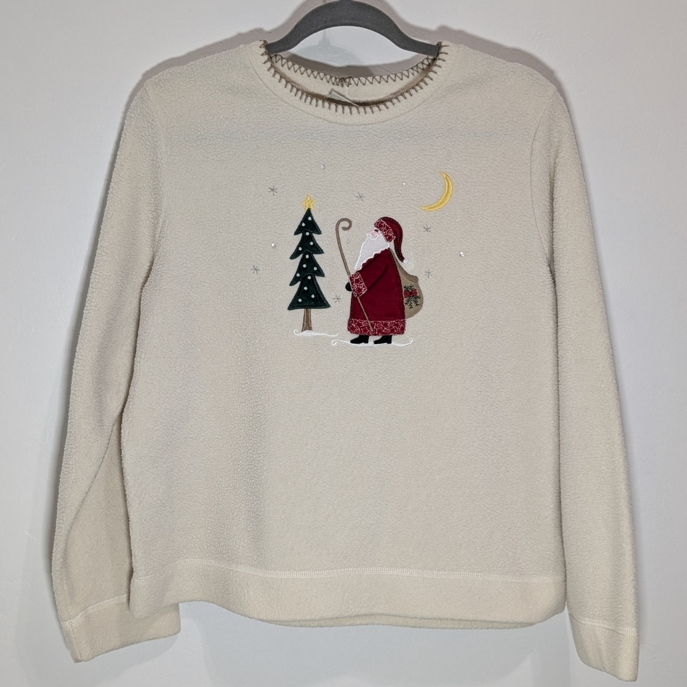 White Stag Fleece Cream Ivory Santa Christmas Sweater Pullover Teddy Size 12/14
